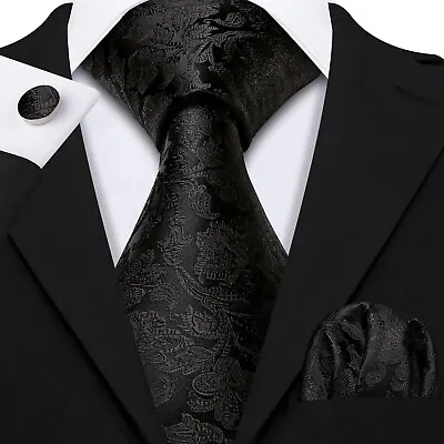 Barry Wang Extra Long Black Floral Jacquard Mens Tie Formal Casual Necktie Set • $12.99