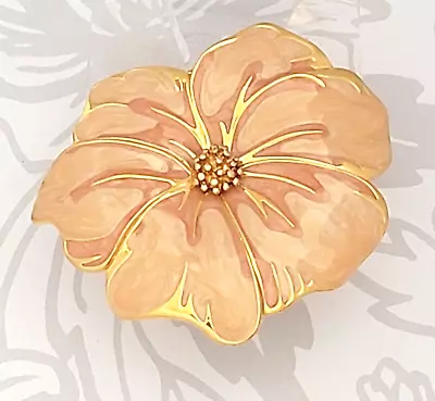 Vintage 1970's Signed Trifari Enamel Flower Brooch Pin Peach Color Gold Tone • $25