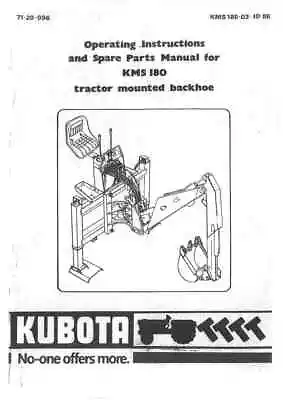 McConnel Kubota Tractor Mounted Backhoe KMS180 MS180 Operators Manual With Parts • £19.99