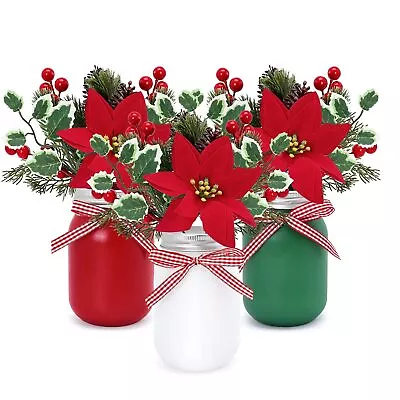 Christmas Table Centerpiece With Faux Plants Christmas Mason Jar Floral Arrangem • $30.42