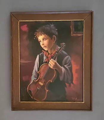 Vintage European Oil On Canvas Painting Portrait  Crying Boy With Violin  Framed • $139.99