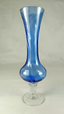 Vintage Hand Blown Blue Art Glass Vase On Clear Pedestal - 21cm Tall • $35