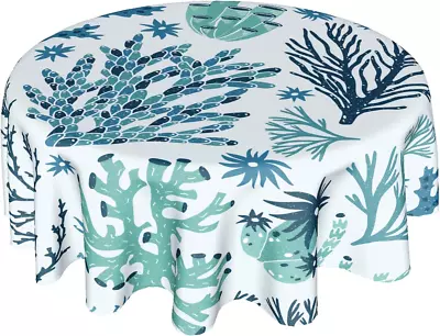 Summer Coastal Round Tablecloth 60 Inch Nautical Blue Ocean Coral Print Table... • $22.09