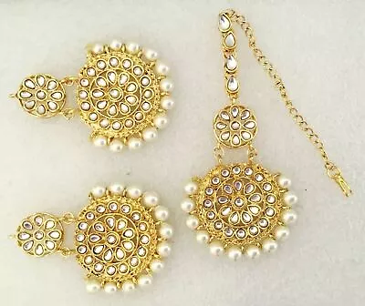 Kundan Gold Tone Pearl Maang Tikka Earring Set Bollywood Indian Bridal Jewelry2 • $21.93