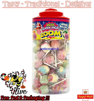 Vidal Mega Super Sour Zoom Lollipops Filled With Bubblegum - 50 Lollies • £14.77