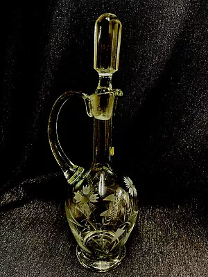 Vintage Tall Crystal Wine Decanter Etched Glass Handle Stopper 11” Roumania • $19