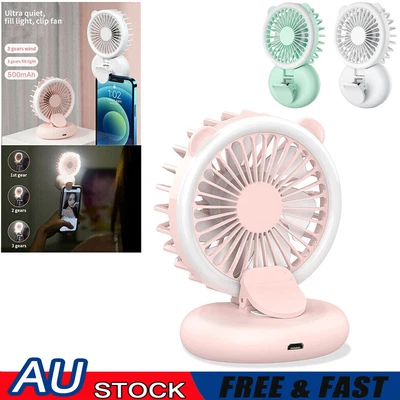 $16.59 • Buy Portable 3 Speeds USB Rechargeable Mini Cooling Fan W/Light Clip On Desk Outdoor