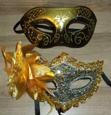2 Pcs Couple Masquerade Mask Set Women & Men Golden Feathers Costume Mardi Gras • $12.99