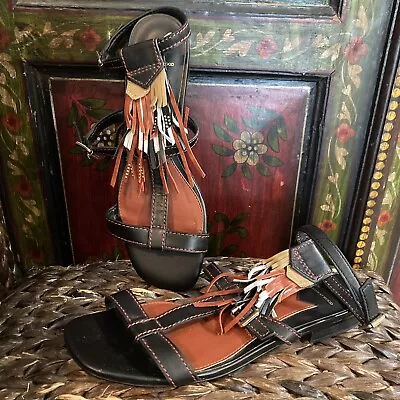 BRIAN ATWOOD Fringe Sandals Gladiator Boho Tribal Strappy Thong Toe Flats 7.5 • $40