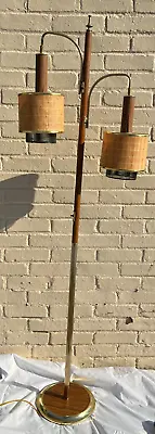 70's Floor Lamp Teak/Brass W/2 Rattan Bamboo Pendant Shades Tiki Unique MCM VTG • $359.99