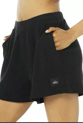 Alo Muse Shorts Black Ribbed Knit  Chill Mold Lounge Nwt Size S • $54