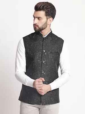 Designer Black Jacquard Nehru Jacket Indian Traditional Ethnic Jacket For Men • $64.90