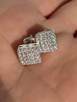 Real Solid 925 Silver Iced CZ Earrings Screw Back Mens Ladies Square Hip Hop • $26.44