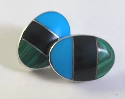 Vtg Sterling Silver Mexico Turquoise Onyx Malachite Inlay Oval Pierced Earrings  • $19.99