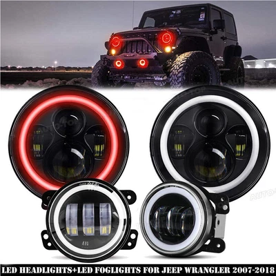 $79.53 • Buy 07-17 Fit Jeep Wrangler JK Red Halo DRL 7'' LED Headlights + 4'' Fog Lights Kit