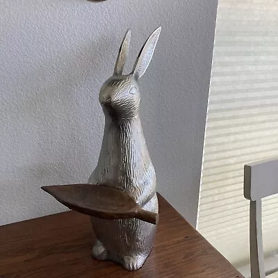 Large Silver Metal Bunny Rabbit 17  Holding Wooden Leaf Tray • $50