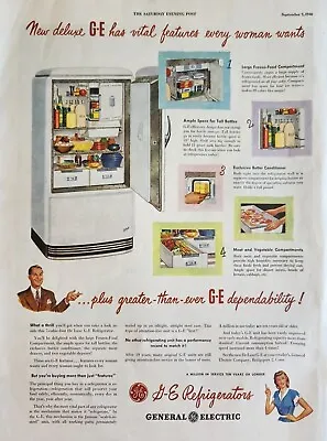 1946 General Electric Refrigerator Vintage Ad New Deluxe Vital Features • $14.95