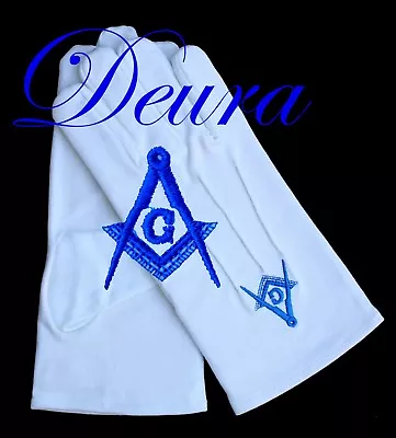 Masonic EMBROIDERED White 100% Cotton Gloves Blue G Square & Compass Size XL • $12.99