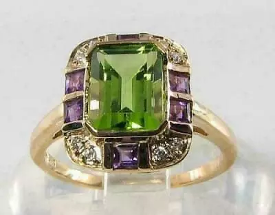 3 Ct Emerald Cut Peridot Amethyst Diamond Lab Created Ring 14K Yellow Gold Over • $93.74