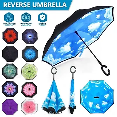 Windproof Upside Down Reverse Umbrella Double Layer Inside-Out Inverted C-Handle • $21.99