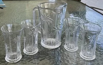 RARE Vintage Nanben Palm Trees 4 Drinking Glasses 4 3/4  & Pitcher Tropical • $59.97