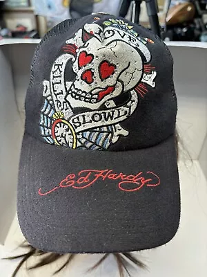 Ed Hardy Love Kills Slowly Mesh Snapback Hat Cap Red Skull Crossbones Torn Tag • $12.80