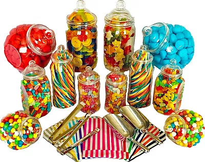 JUMBO Plastic Sweet Jars 12 Jars 100 Bags 2 Scoops 2 Tongs Candy Buffet Wedding • £22.74