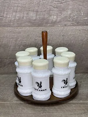 Set Of 8 VTG White Milk Glass Spice Jars Black Rooster Twisted Rope W/ Wood Tray • $18