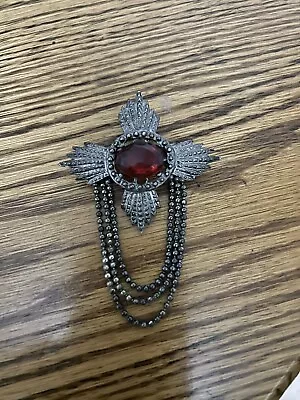  Vintage Metal Red Faceted Glass Maltese Cross Brooch Pin • $11.50