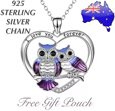 I LOVE YOU FOREVER Owl Heart Purple Pendant Sterling Silver Necklace Women Gift • $9.50