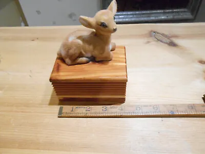 Vintage Cedar 4” Wooden Trinket Box With Deer Fawn On Top • $12