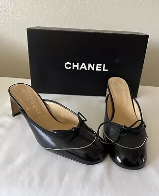 CHANEL Black Leather Patent Leather Heels Slides Sz 36/US 6 • $244.99