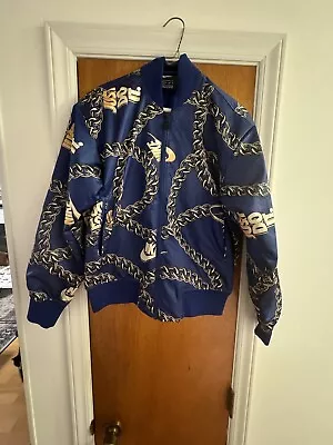 Nike Satin Bomber Jacket Coat Sz M Gold Chain Link Necklace Black Blue Vtg 80s • $39