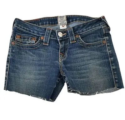 True Religion Women Gina Low Rise Raw Hem Denim Blue Jean Shorts Sz 26 • $18