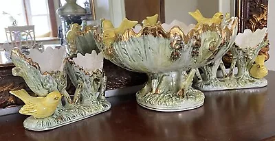 Vintage Yellow Bird Majolica Compote Set Bowl & Candle Holders • $78