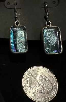 Artisan Modernist Sterling Silver Blue Dichroic Glass Drops Earrings Hooks • $10.99