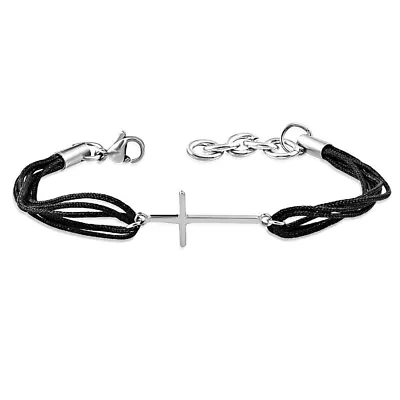 Stainless Steel Silver-Tone Black Cord Religious Cross Bracelet • $19.99