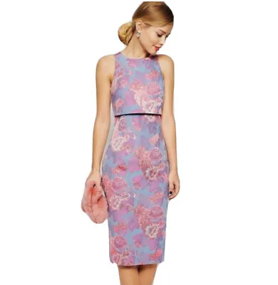 $38 • Buy Asos Pencil Dress Size 16 Floral Pink Blue Metallic Thread