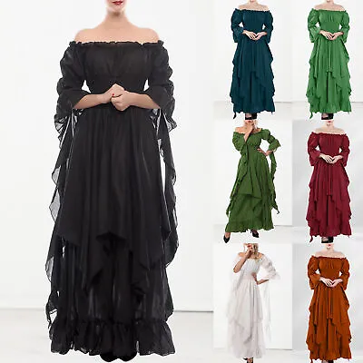 Medieval Renaissance Style Revival Maxi Dress Off Shoulder Women Vacation Outfit • £17.81