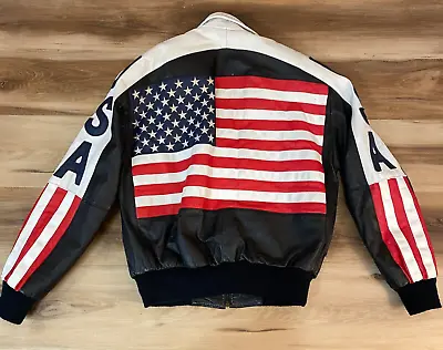 Vintage Michael Hoban Leather Jacket Mens Small USA Flag Bomber Where M I • $129.95
