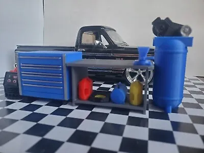 Blue Tool Box Workbench Oil Pan Gas Compressor 1/24 1/25 Scale Garage Diorama • $16.99