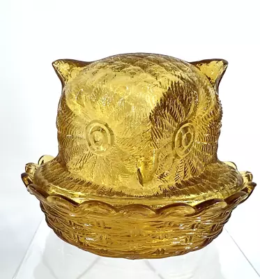 Vintage L.G. Wright Owl Nesting Bowl Trinket Dish Glass Amber Cottage Boho • $33.99