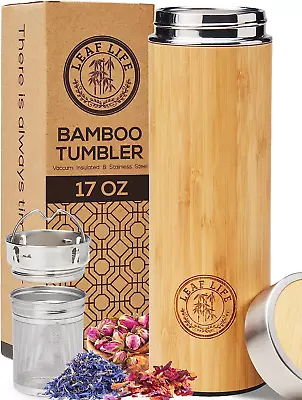 Premium Bamboo Thermos With Tea Infuser & Strainer 17Oz Capacity - Keeps Hot & C • $28.99