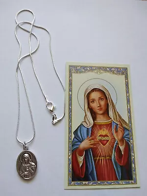 Silver Immaculate Heart Mary Medal Italy 925 Sterling Chain Necklace Prayer Card • $10