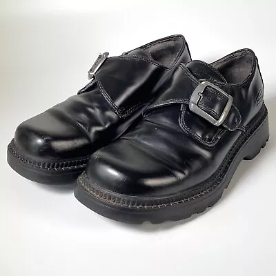 Skechers Black Leather Shoes UK 9.5 Vintage 90s Y2K Monk Strap Chunky Platform • £44.99