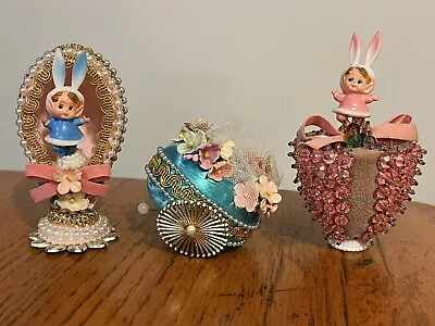 $30 • Buy Vtg Lot Handmade Easter Sequin Bead Millinery Flower Basket Egg Decorations 