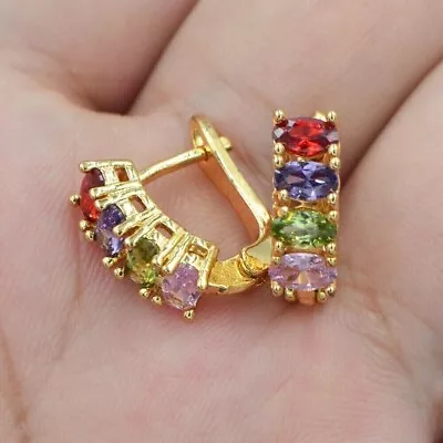 Multi Sapphire Stone Women's Hoop Earrings In 14K Yellow Gold Plated Lab Created • $79.20