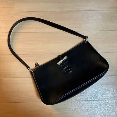 Auth Longchamp Shoulder Hand Bag Black Leather W 10.6H5.9D2.8 In. Fast Free Ship • $64.99