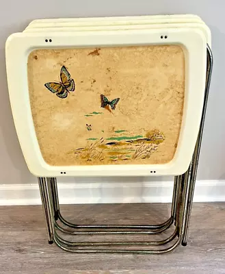 4 Vintage 1950s Fiberglass TV Trays Folding Metal Legs Butterflies MCM No Stand • $74.99