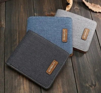 Men's Slim Thin Canvas Leather Wallet Money Photo ID Credit Debit Card Holder UK • £5.99